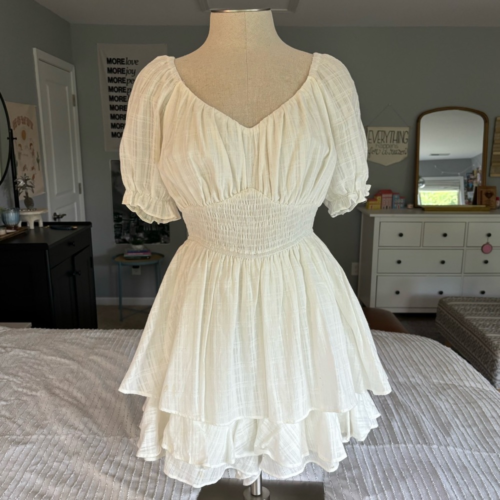 White Puff-Sleeve & Ruffle-Skirt Romper
